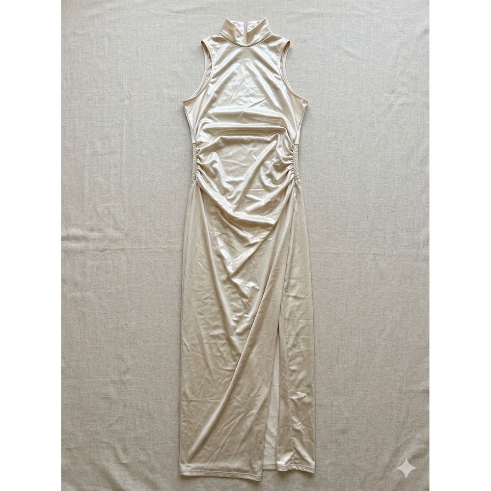 PrettyLittleThing Maternity NWT Satin Ruched Mock Neck Midi Dress Cream Size 10